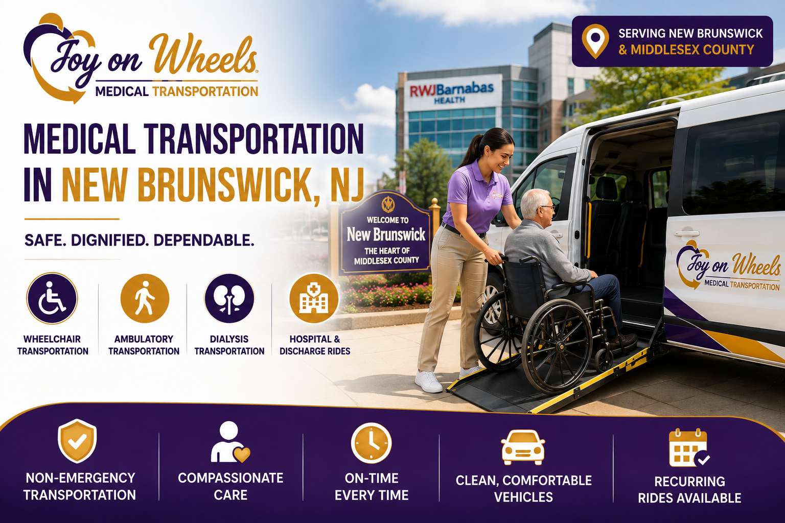 Joy On Wheels providing wheelchair and non-emergency medical transportation for seniors and patients in New Brunswick, New Jersey.
