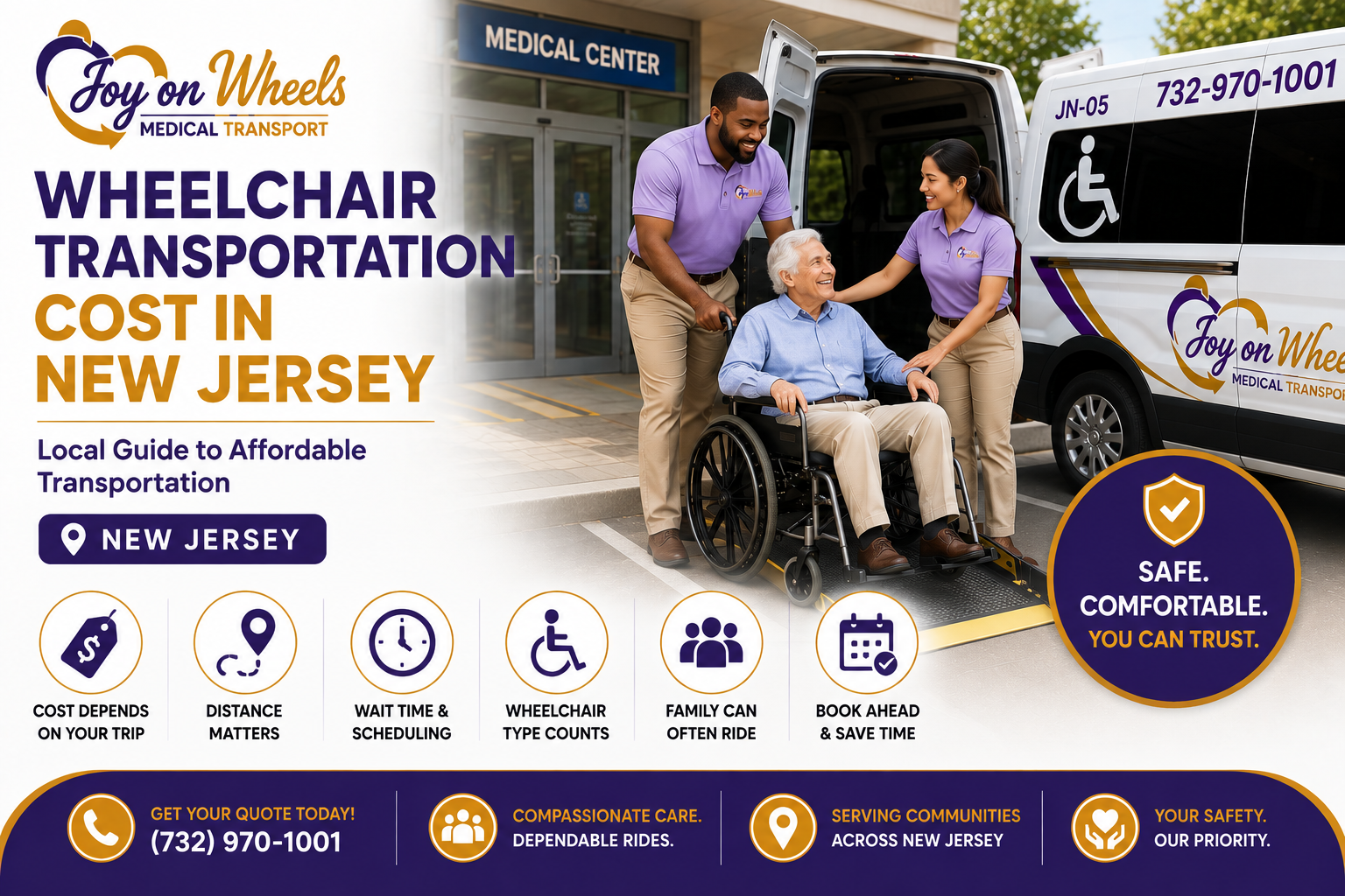 Learn what affects wheelchair transportation costs in New Jersey, including distance, wait time and trip type. Get a private-pay quote from Joy On Wheels.